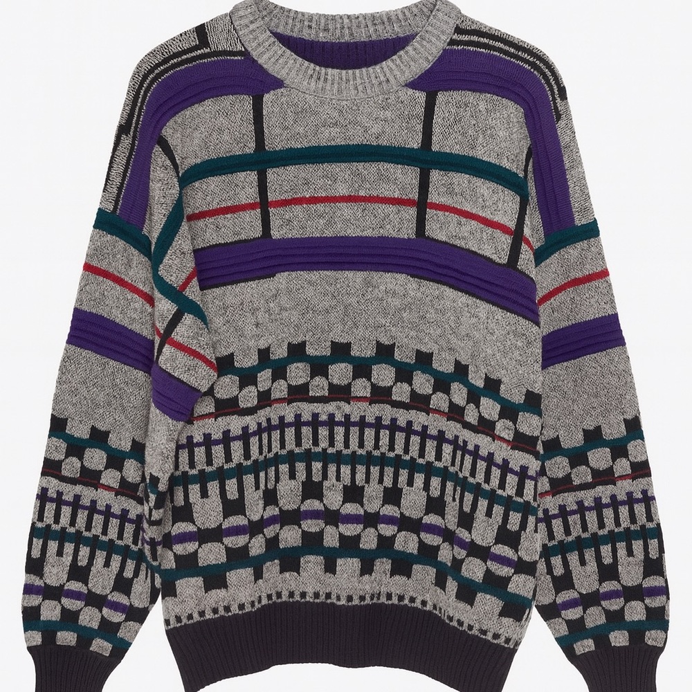 Falke Gray and Purple Patterned Crewneck Sweater Size M Vintage Retro